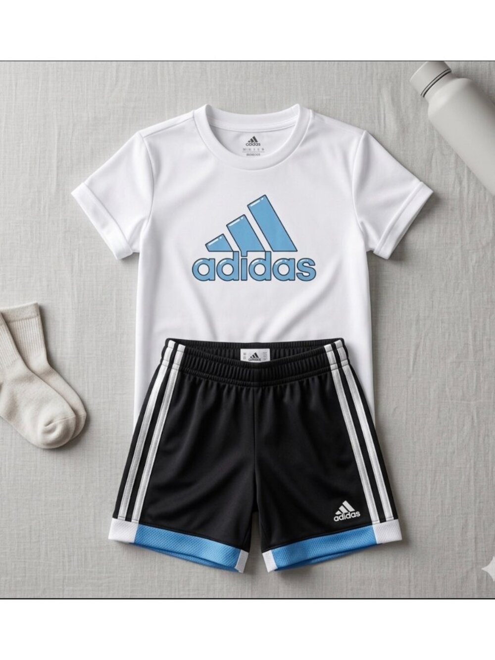 Adidas Kids White & Black Logo T-Shirt And Shorts Set Size 4 Regular Fit Comfort